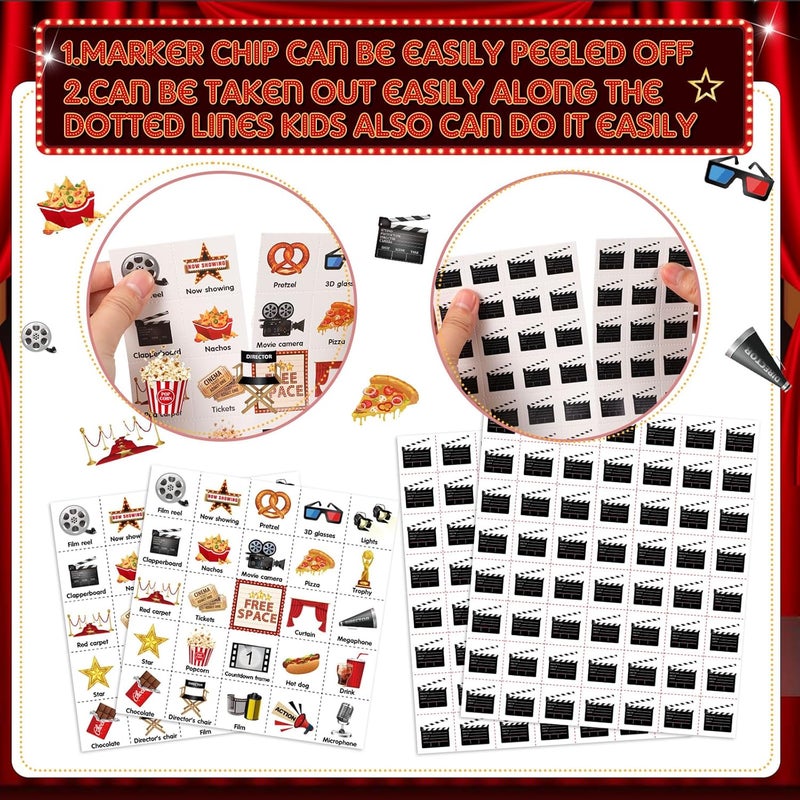 Shappy 35 Pcs Movie Night Bingo 24 Players Movie Party Bingo Cards Film Party Games for Adults Family Activities Theater Birthday Gifts Favors Supplies - Image 3
